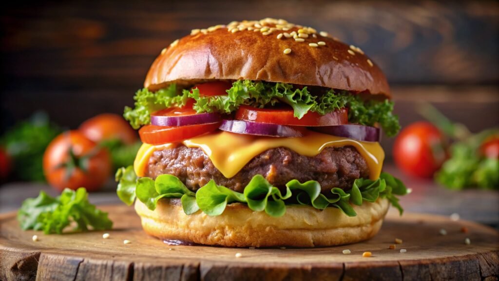 juicy cheeseburger on rustic wooden board.